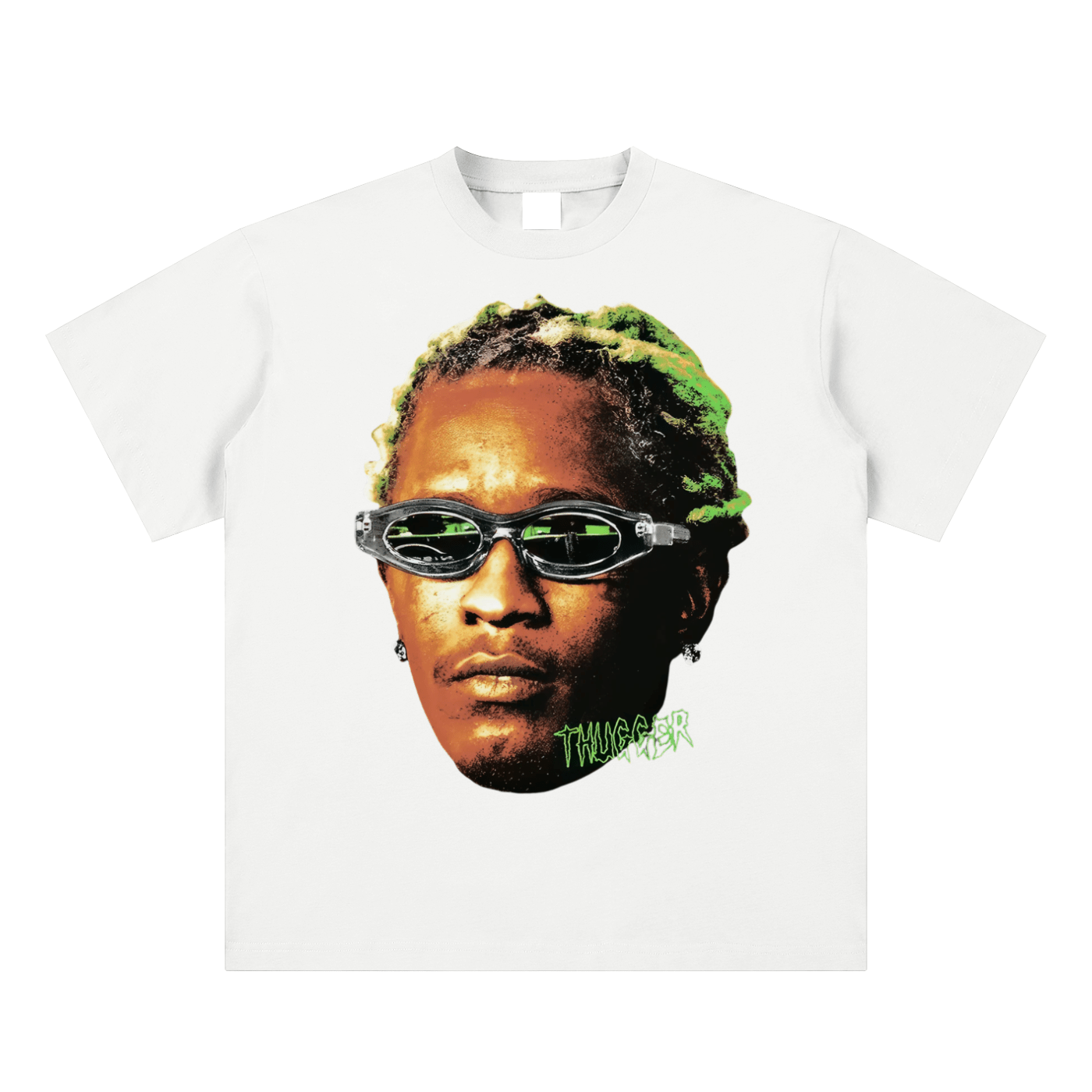 White t-shirt with a graphic of a person wearing goggles and text on a white background