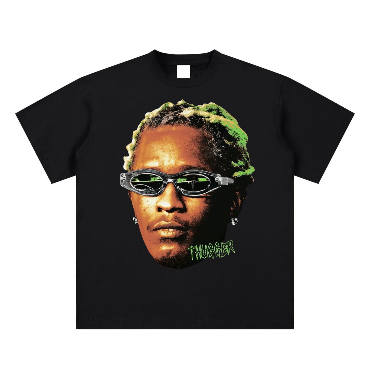 Black t-shirt with a graphic of a person wearing sunglasses and the word 'Thugger' on a white background