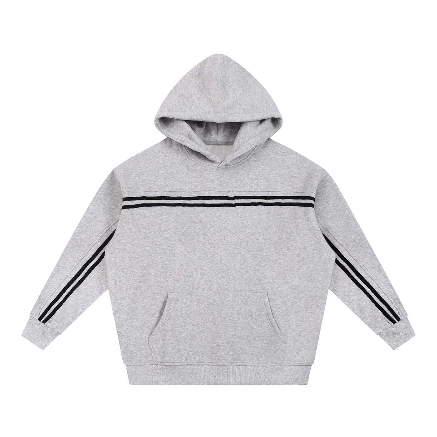 Gray hoodie with black stripes on sleeves on a white background