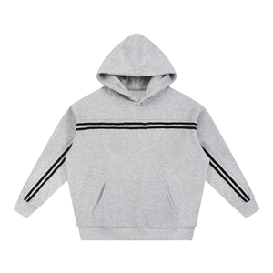 Gray hoodie with black stripes on sleeves on a white background
