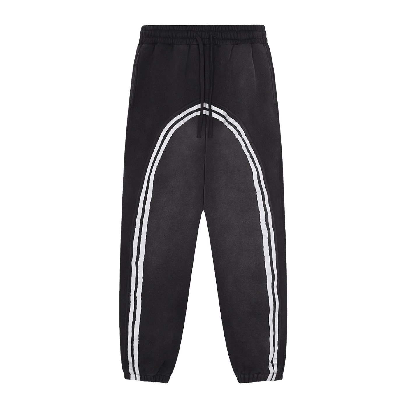 Black jogger pants with white stripes on a white background