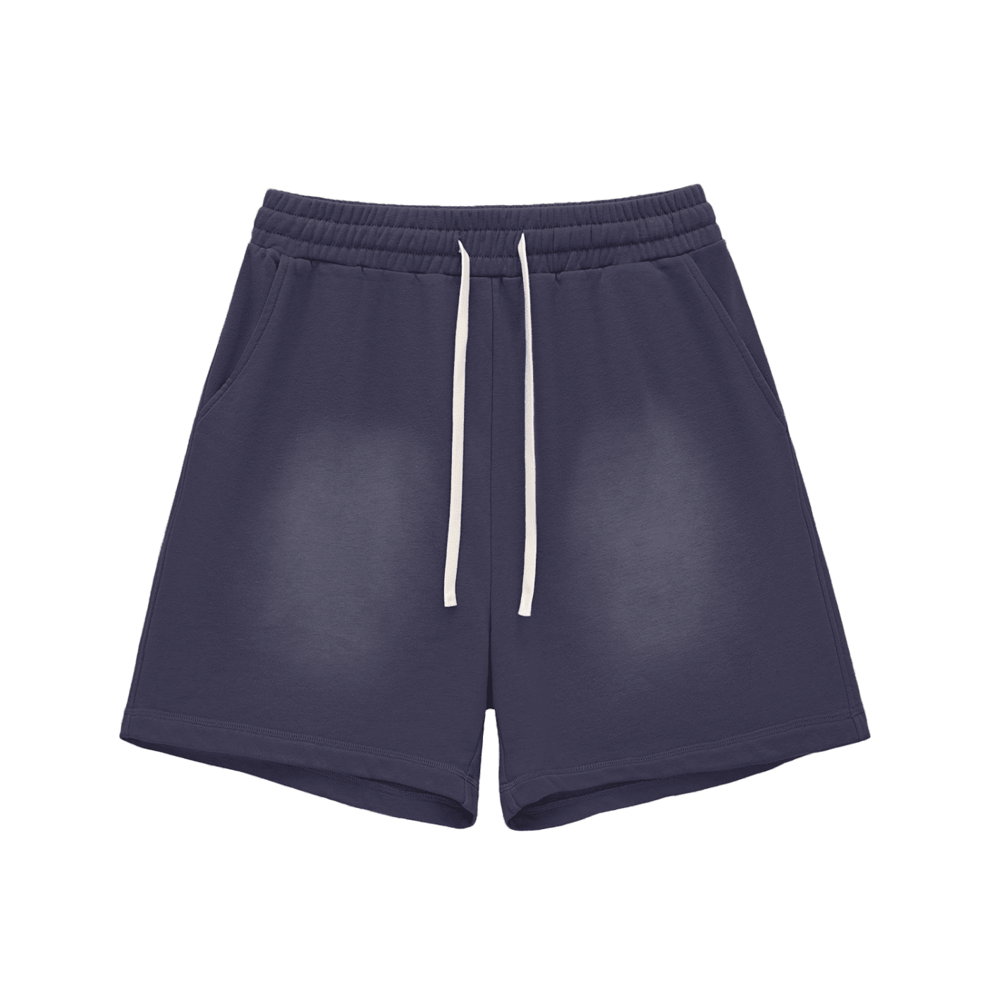 Gray shorts with a white drawstring on a white background