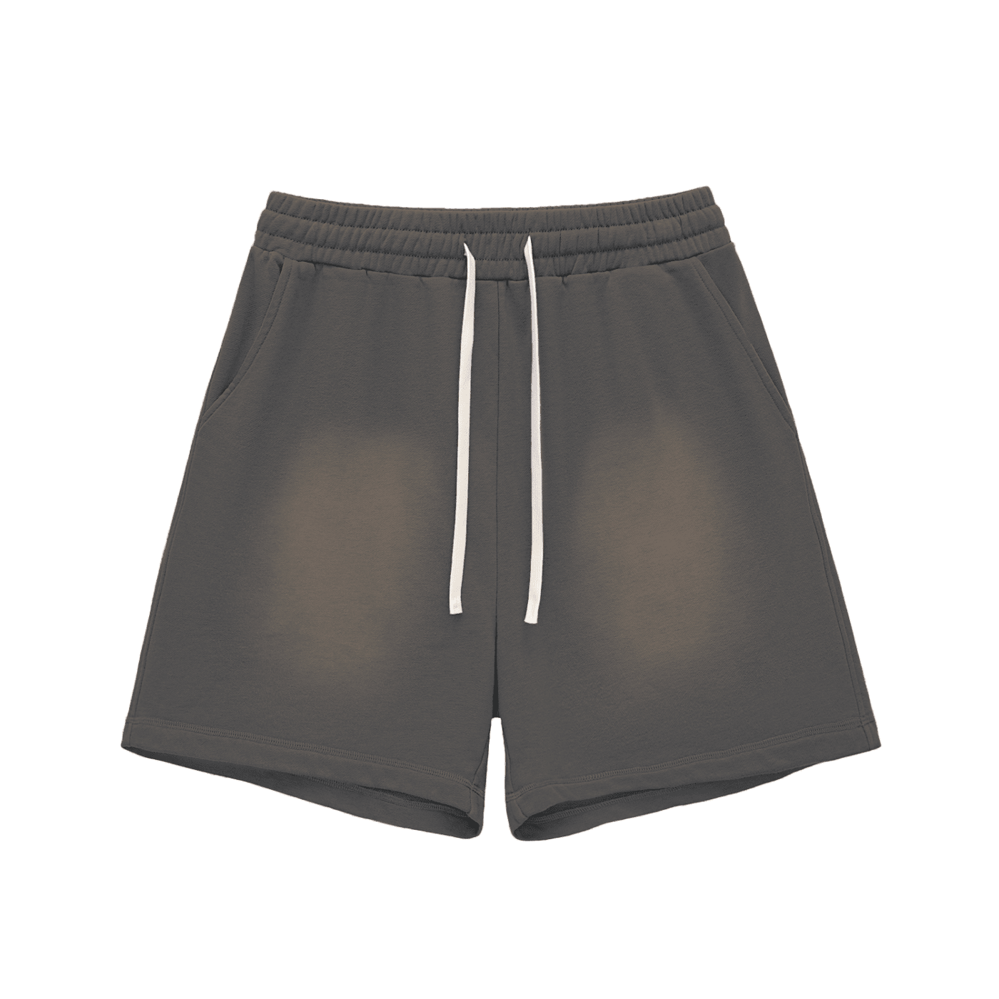 Gray shorts with a white drawstring on a white background