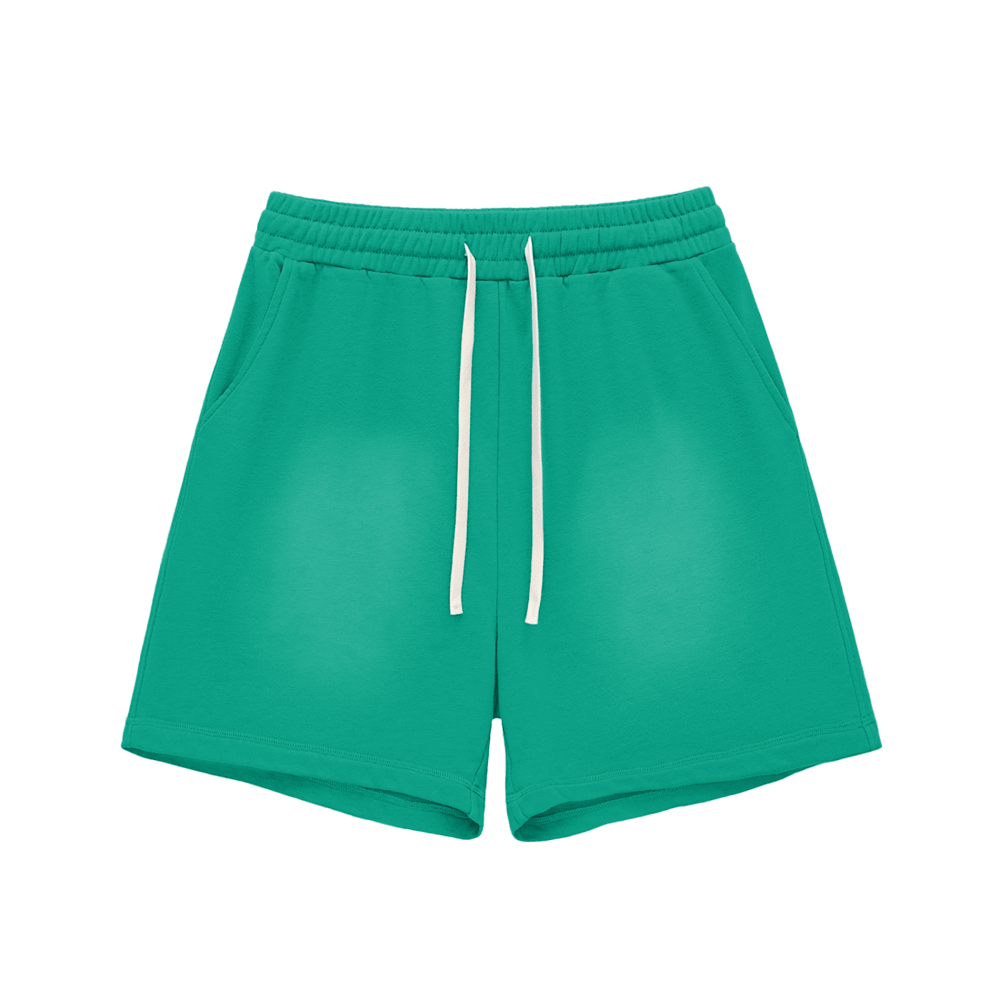 Green shorts with a white drawstring on a white background