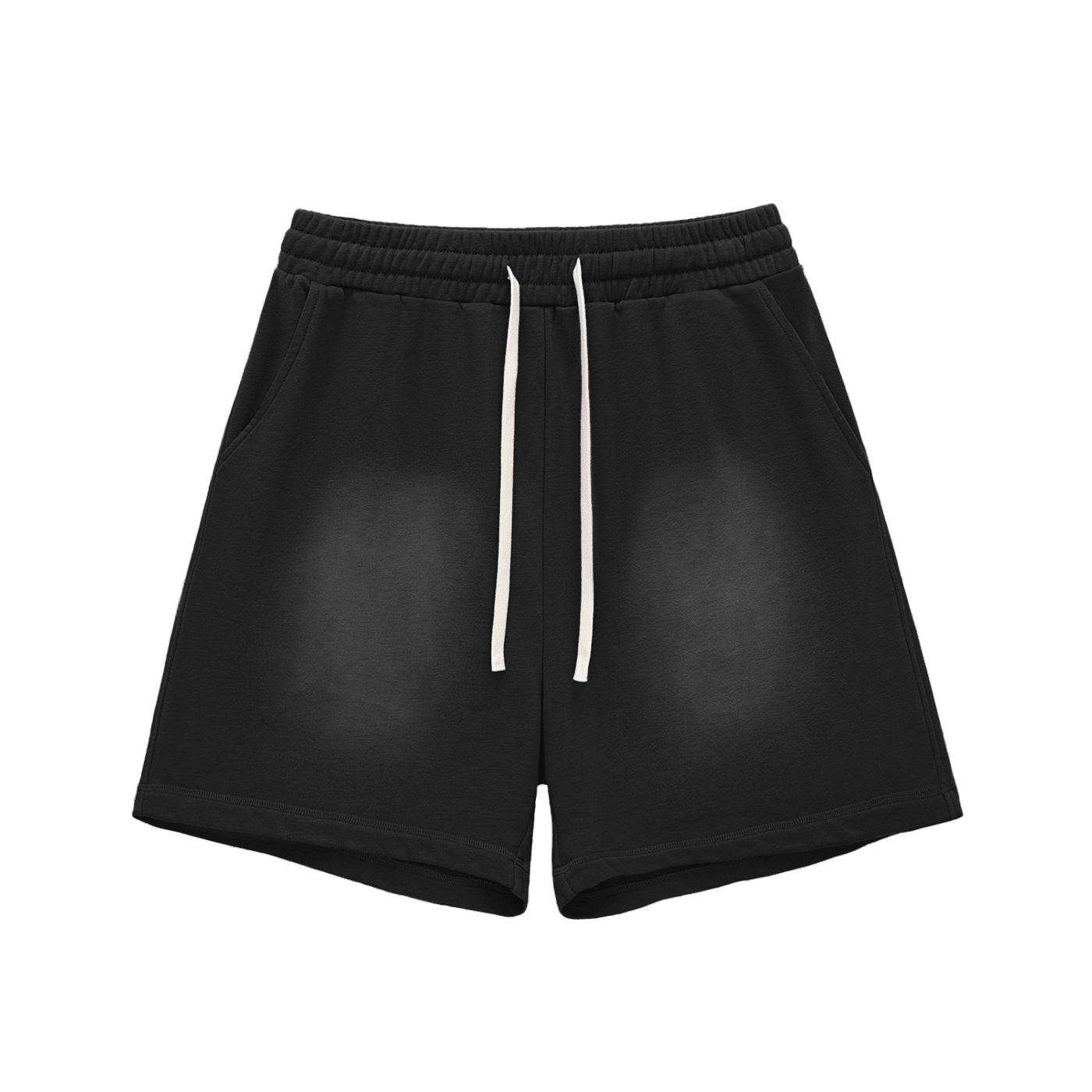 Gray shorts with a white drawstring on a white background