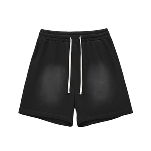 Gray shorts with a white drawstring on a white background