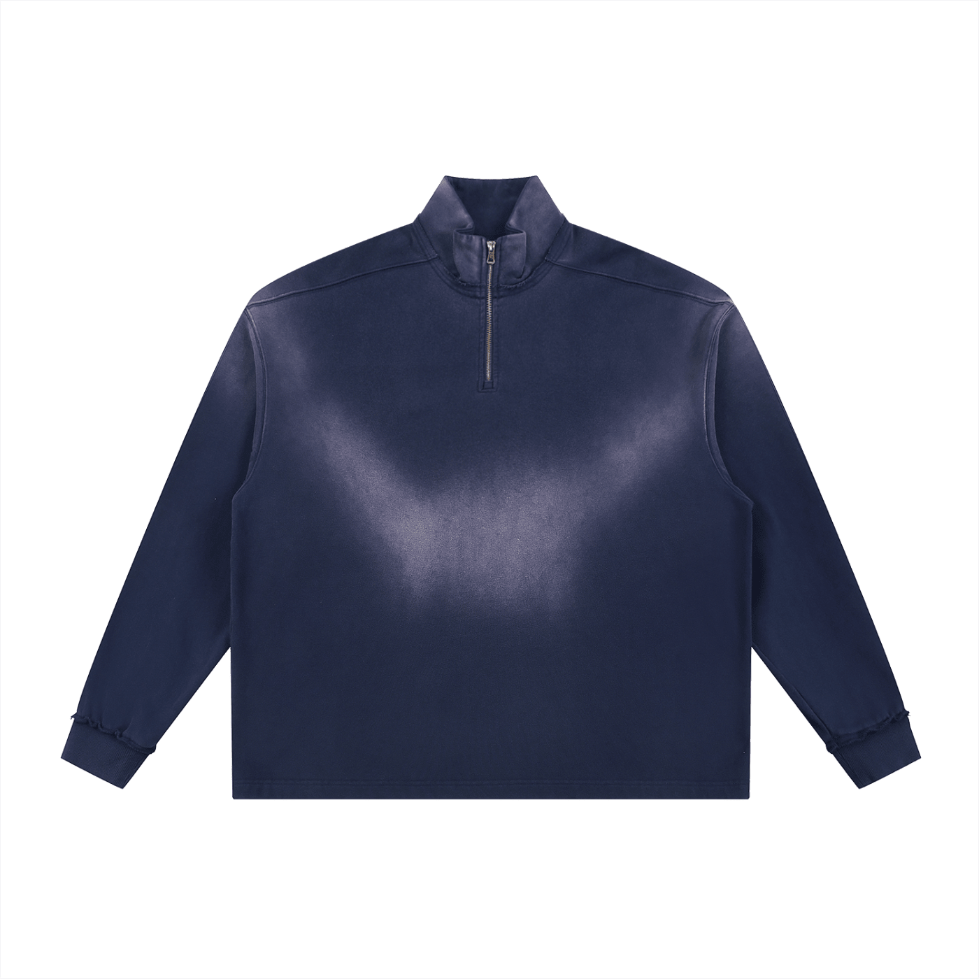 Navy blue pullover with a quarter zip on a white background