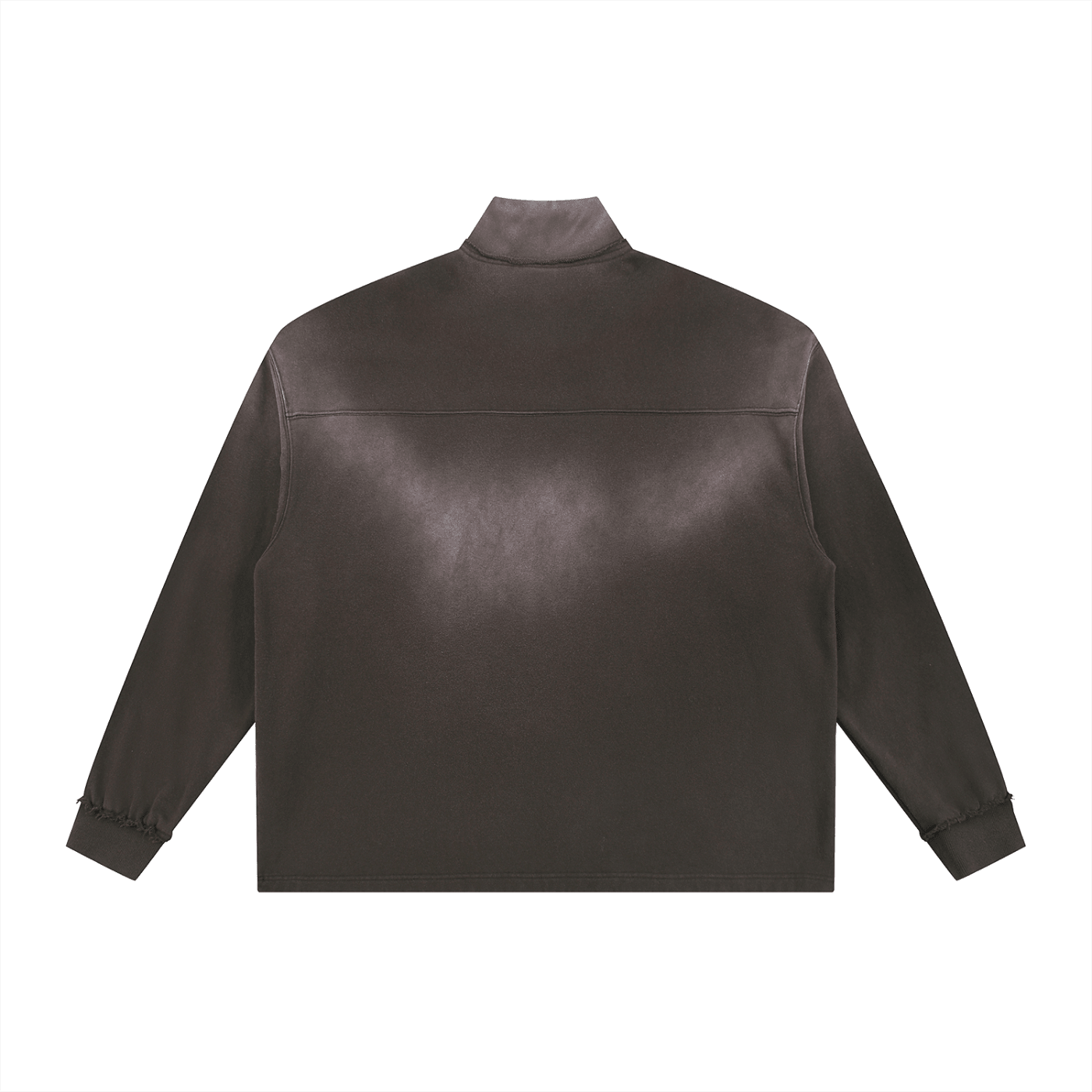 Brown leather jacket shown from the back on a white background