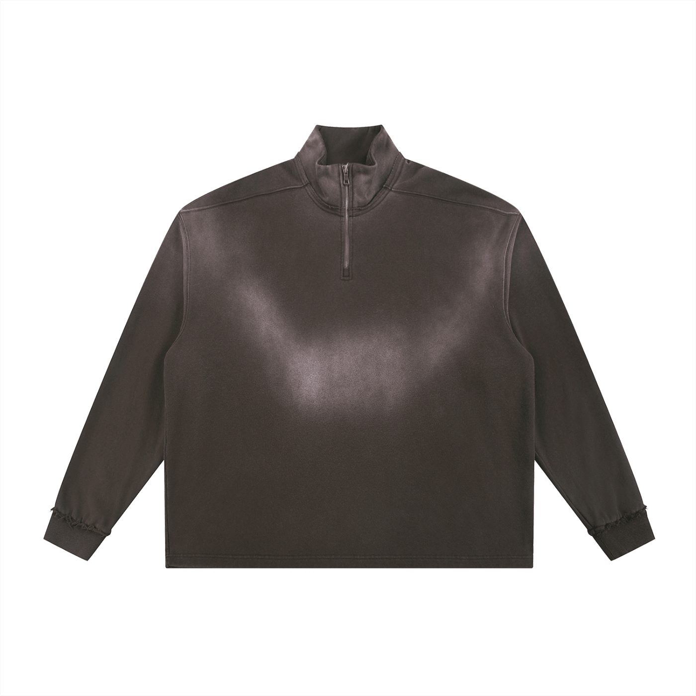 Brown leather jacket with a quarter zip on a white background