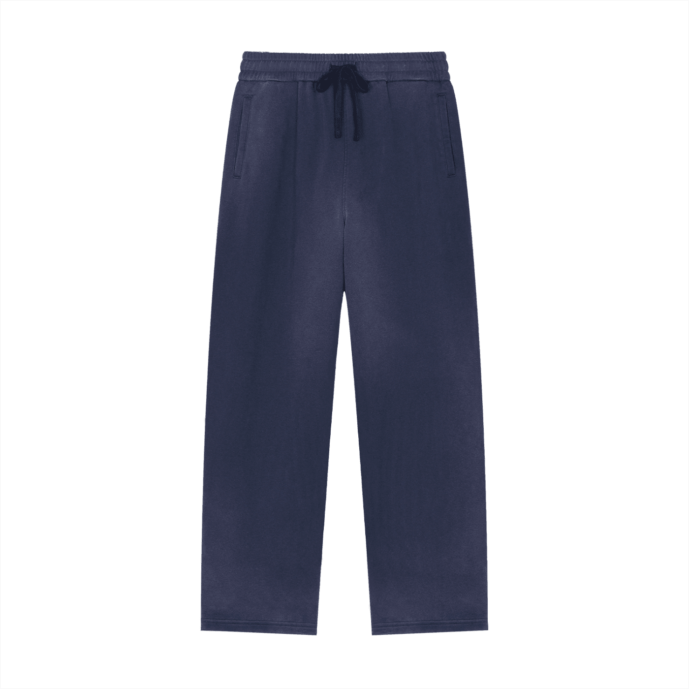 Navy blue pants with a drawstring on a white background