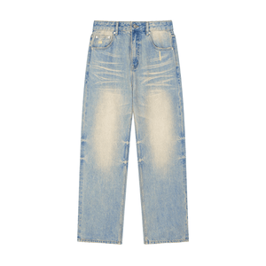 Light blue distressed jeans on a white background