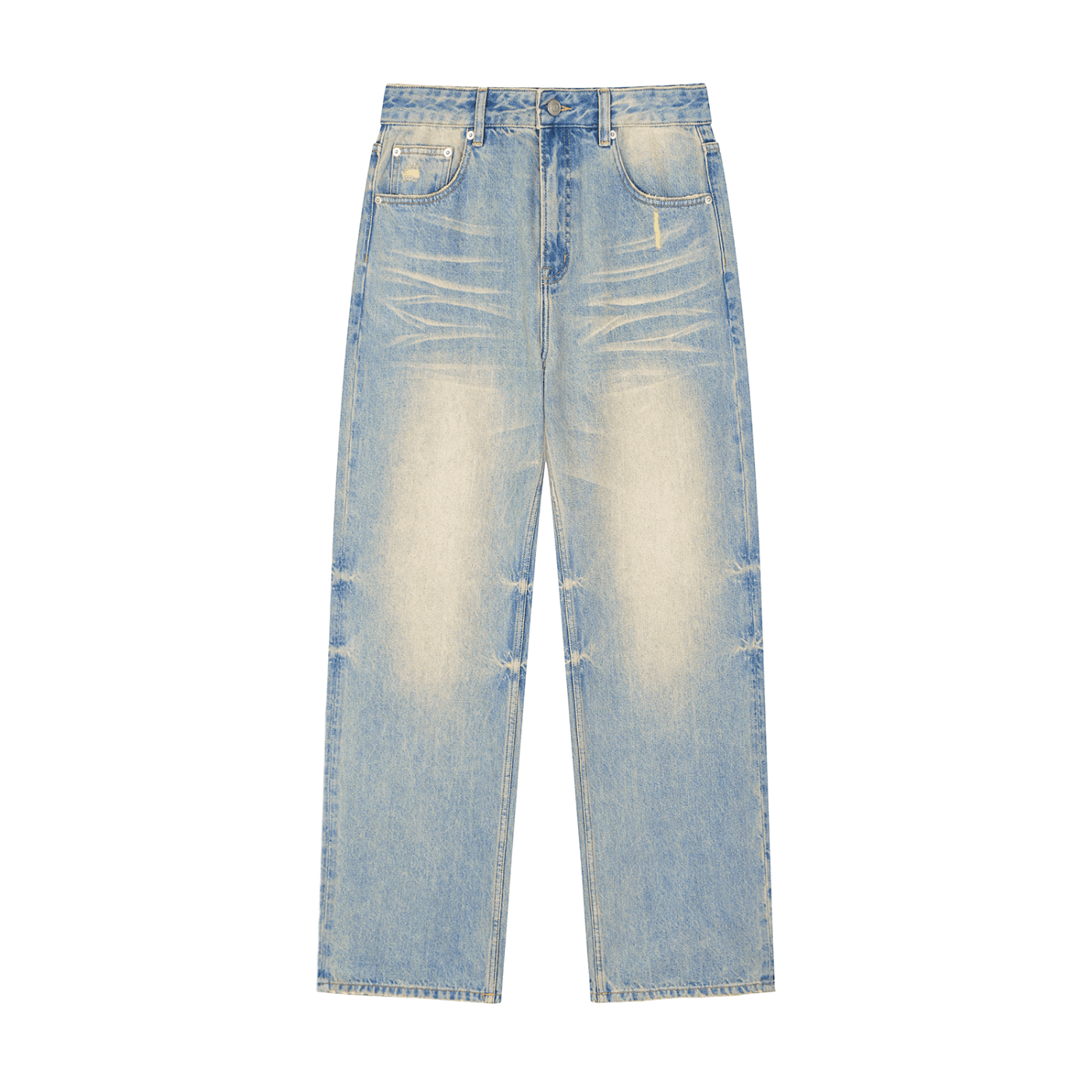 Light blue jeans with a distressed look on a white background