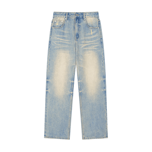 Light blue jeans with a distressed look on a white background