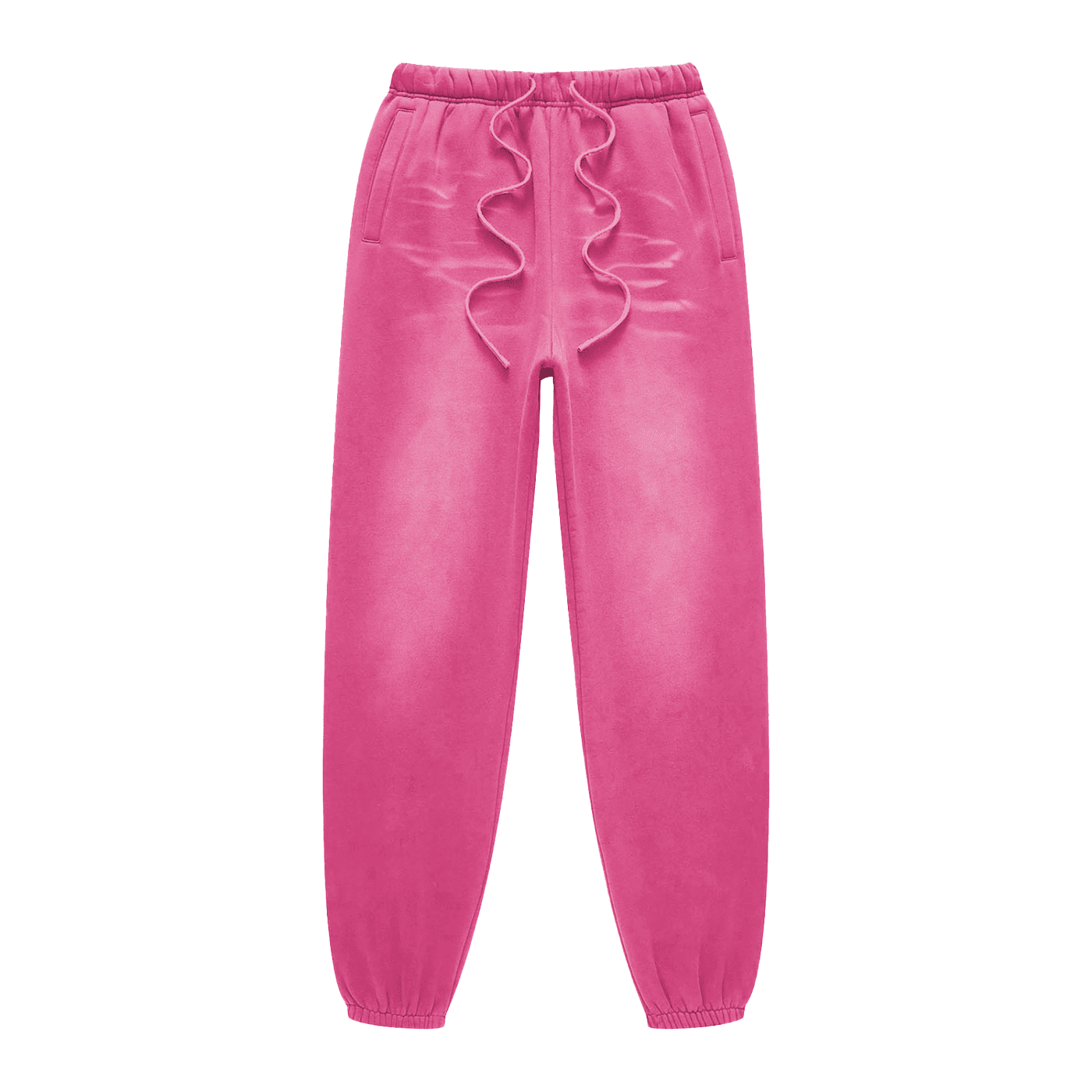 Pink velvet jogger pants with ruffled drawstring on a white background