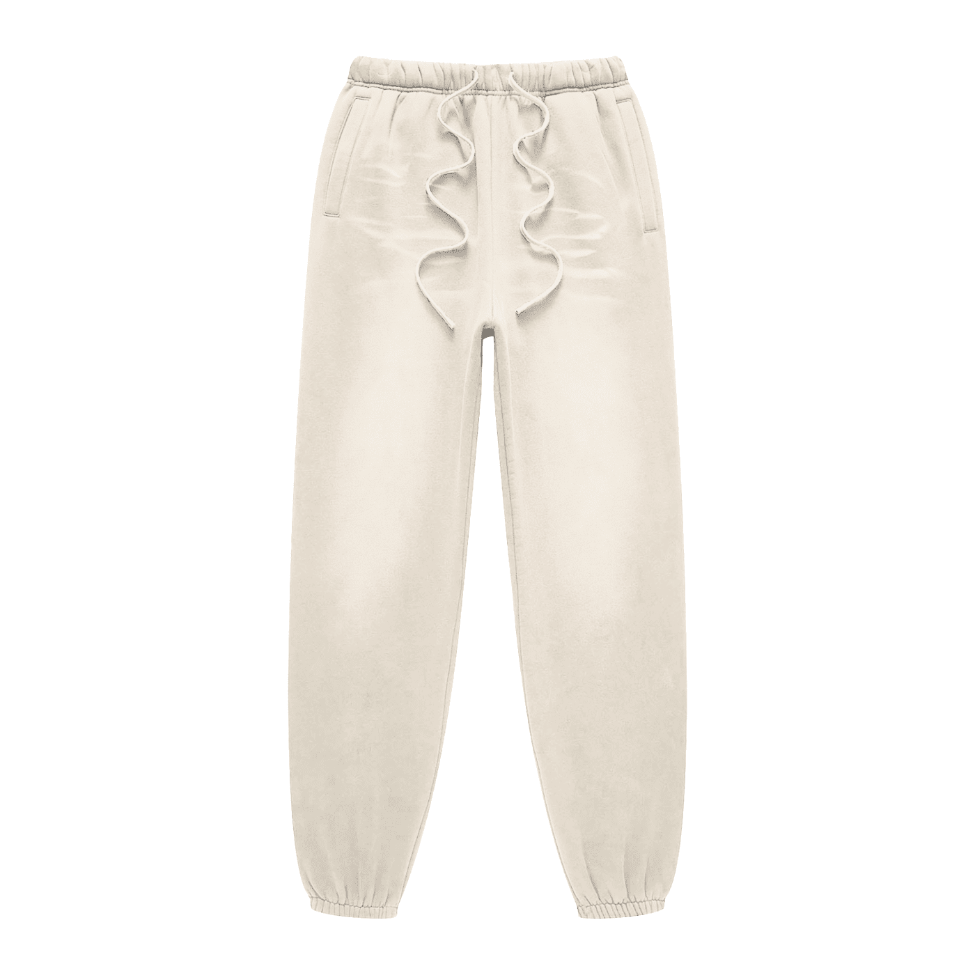 Beige sweatpants with ruffled details on a white background