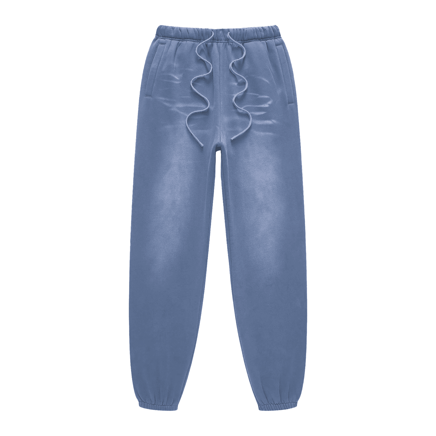 Blue sweatpants with ruffled waistband on a white background