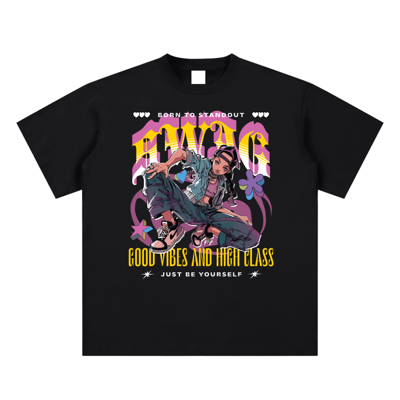 Black t-shirt with colorful graphic design and text on a white background
