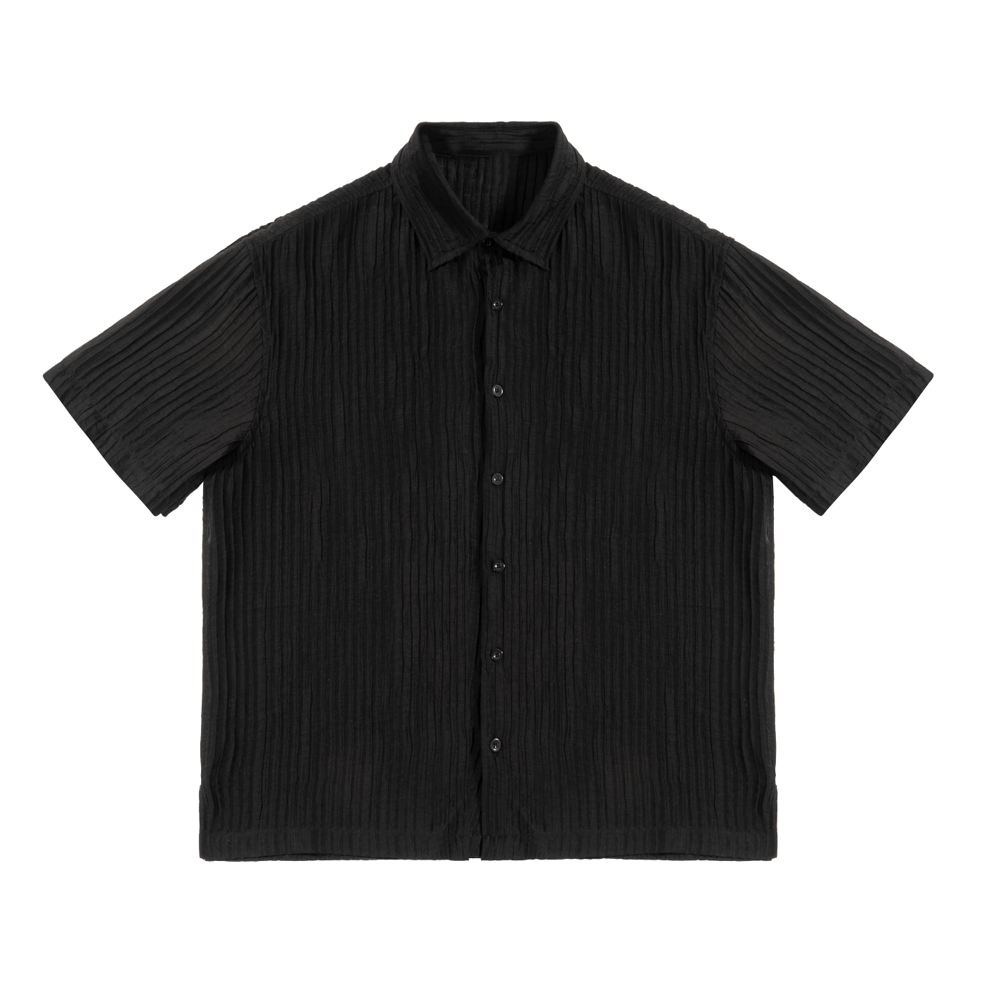 Black pleated short-sleeve shirt on a white background