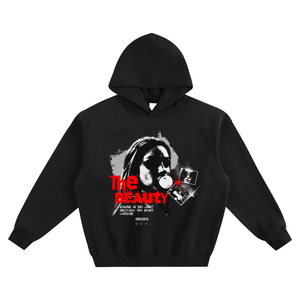 Black hoodie with graphic design on a white background