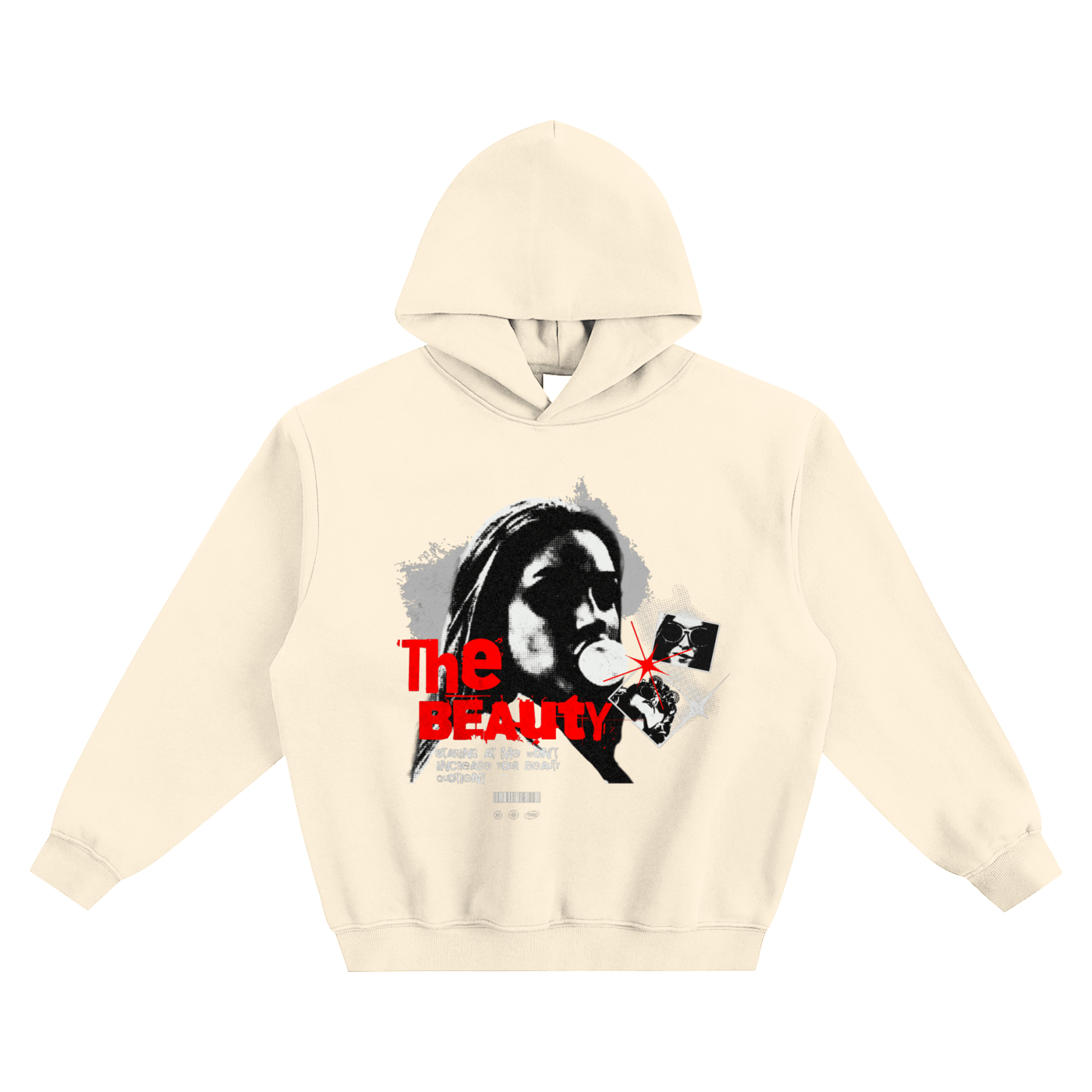 Beige hoodie with graphic design and text on a white background