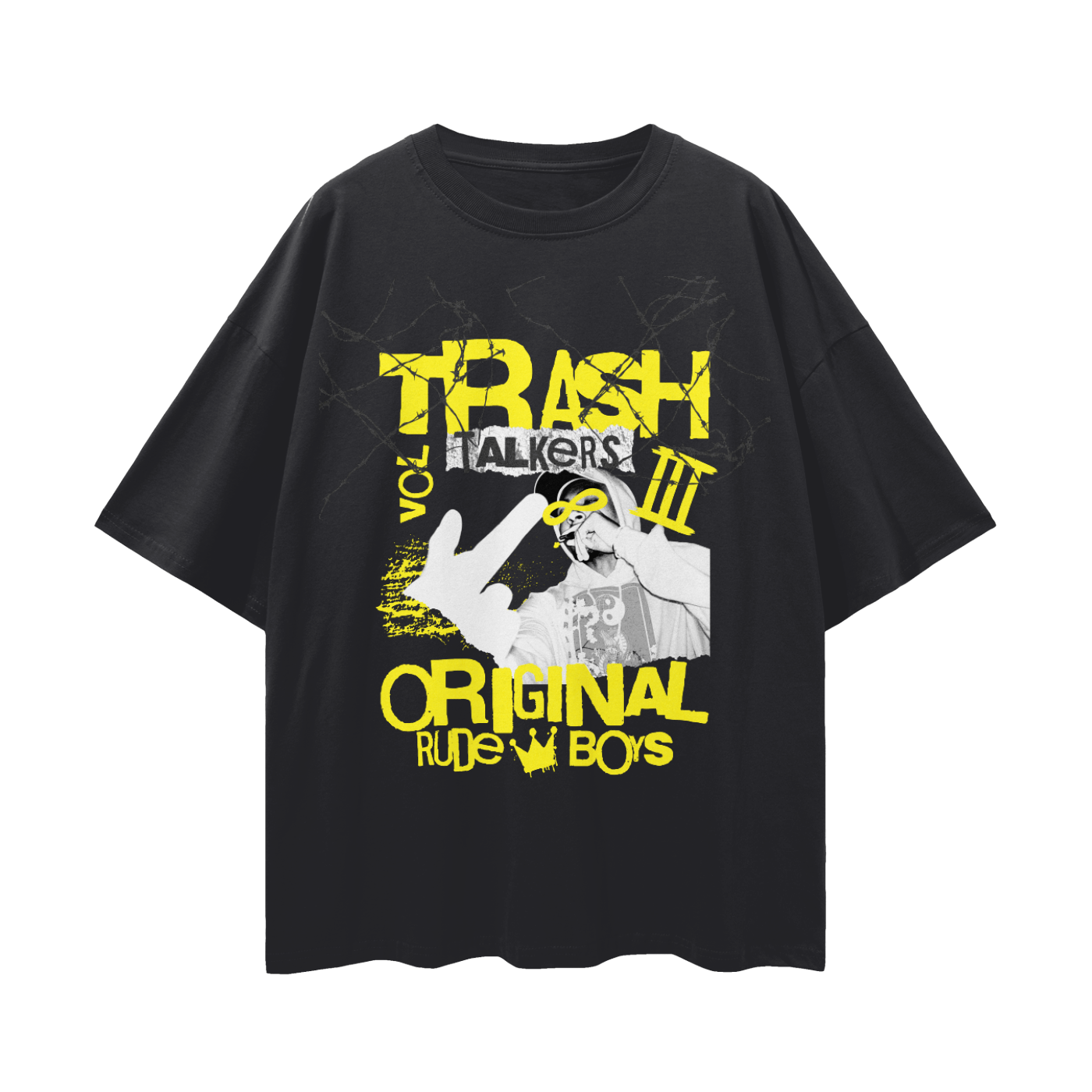 Black t-shirt with yellow and white graphic design on a white background