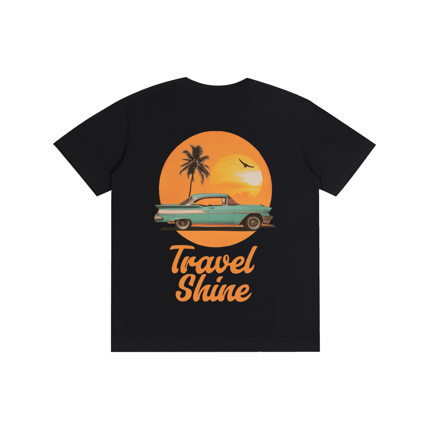 A black short-sleeve t-shirt with a retro-style graphic on the front. The graphic features a teal vintage car driving in front of a large orange sun with a palm tree silhouette, above the text 'Travel Shine' in orange script.