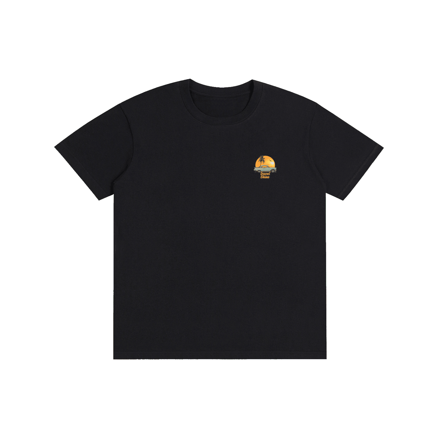 A black short-sleeve crewneck t-shirt with a small circular graphic on the left chest, displayed flat against a solid white background.