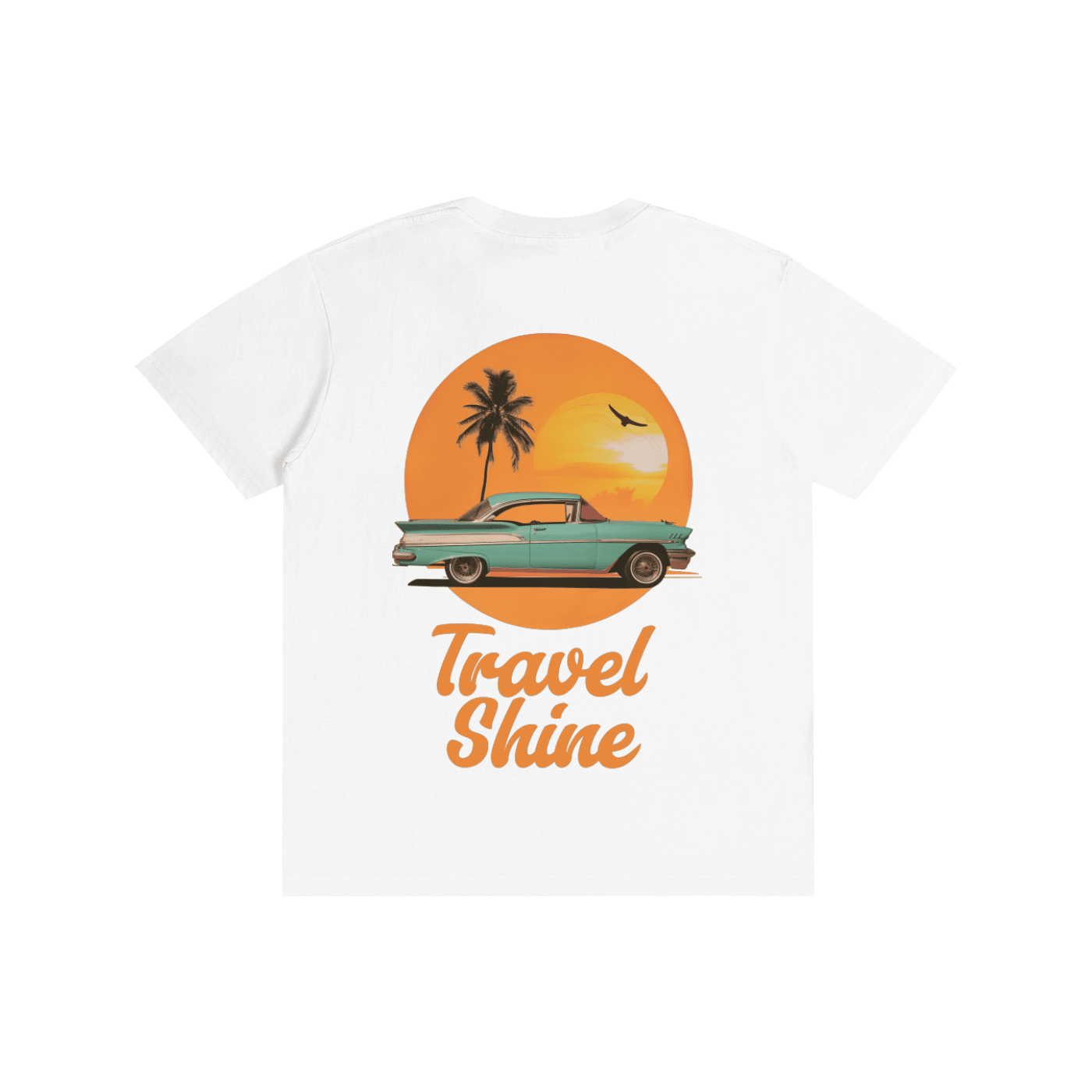 A white short-sleeve t-shirt with a retro graphic on the front. The graphic features a teal vintage car parked in front of a large orange sun with a palm tree silhouette, above the text 'Travel Shine' in orange script.