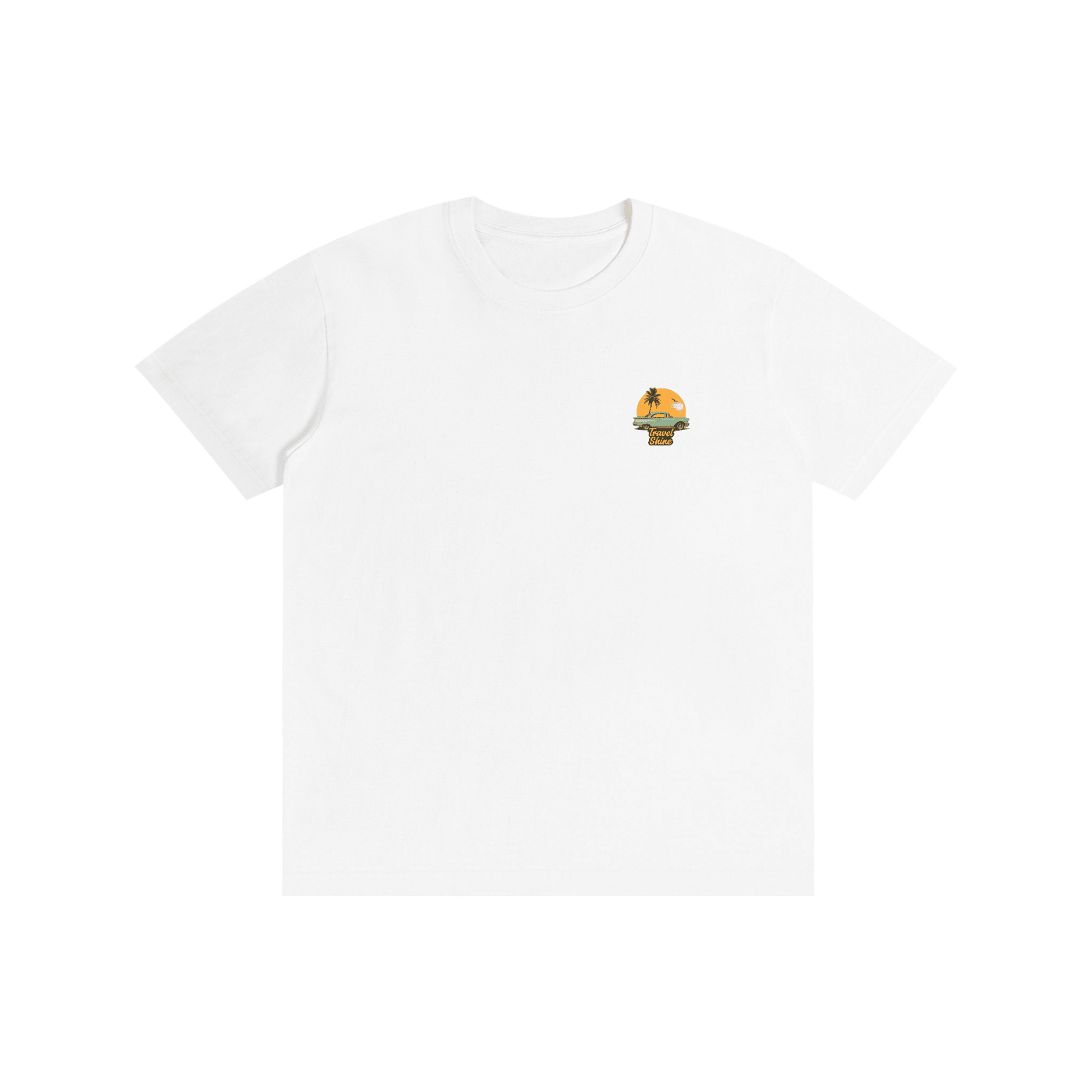 A white short-sleeve crewneck t-shirt with a small colorful graphic on the left chest, displayed on a clean white background.