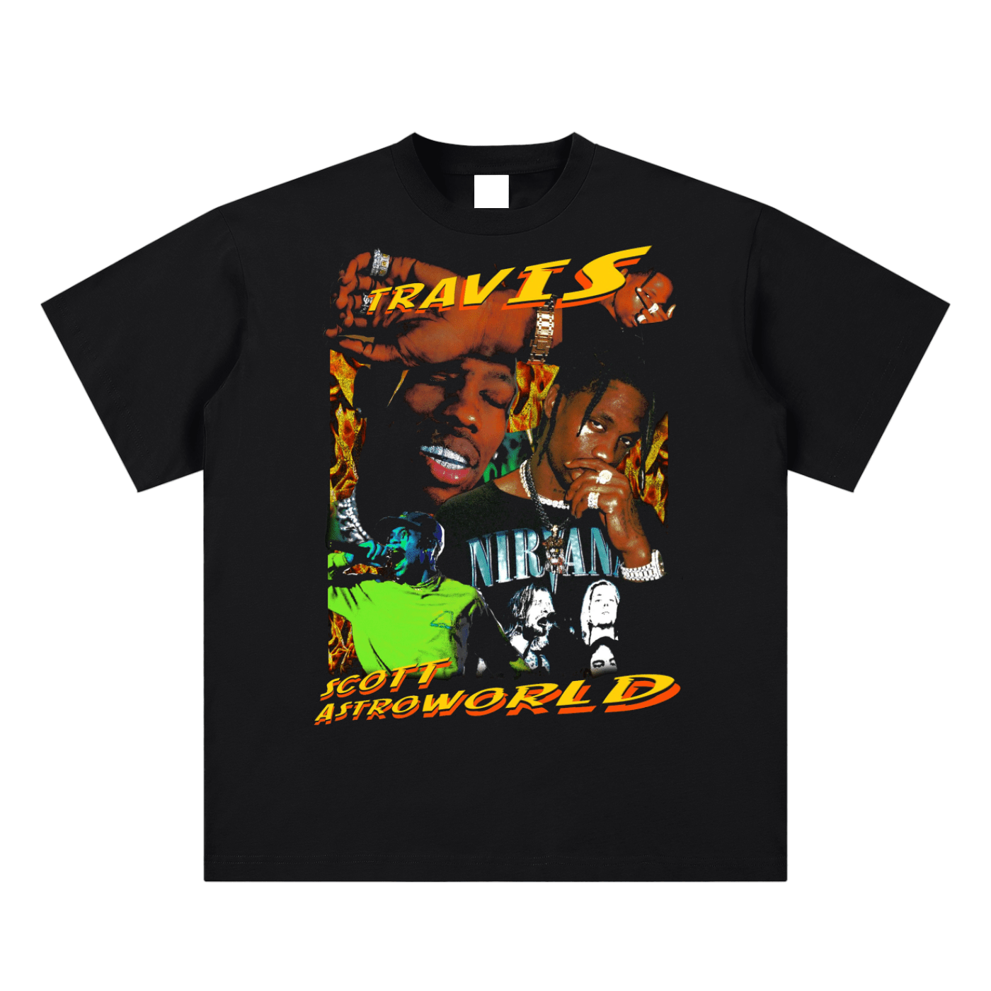 Black t-shirt with colorful graphic design featuring a person and text on a white background