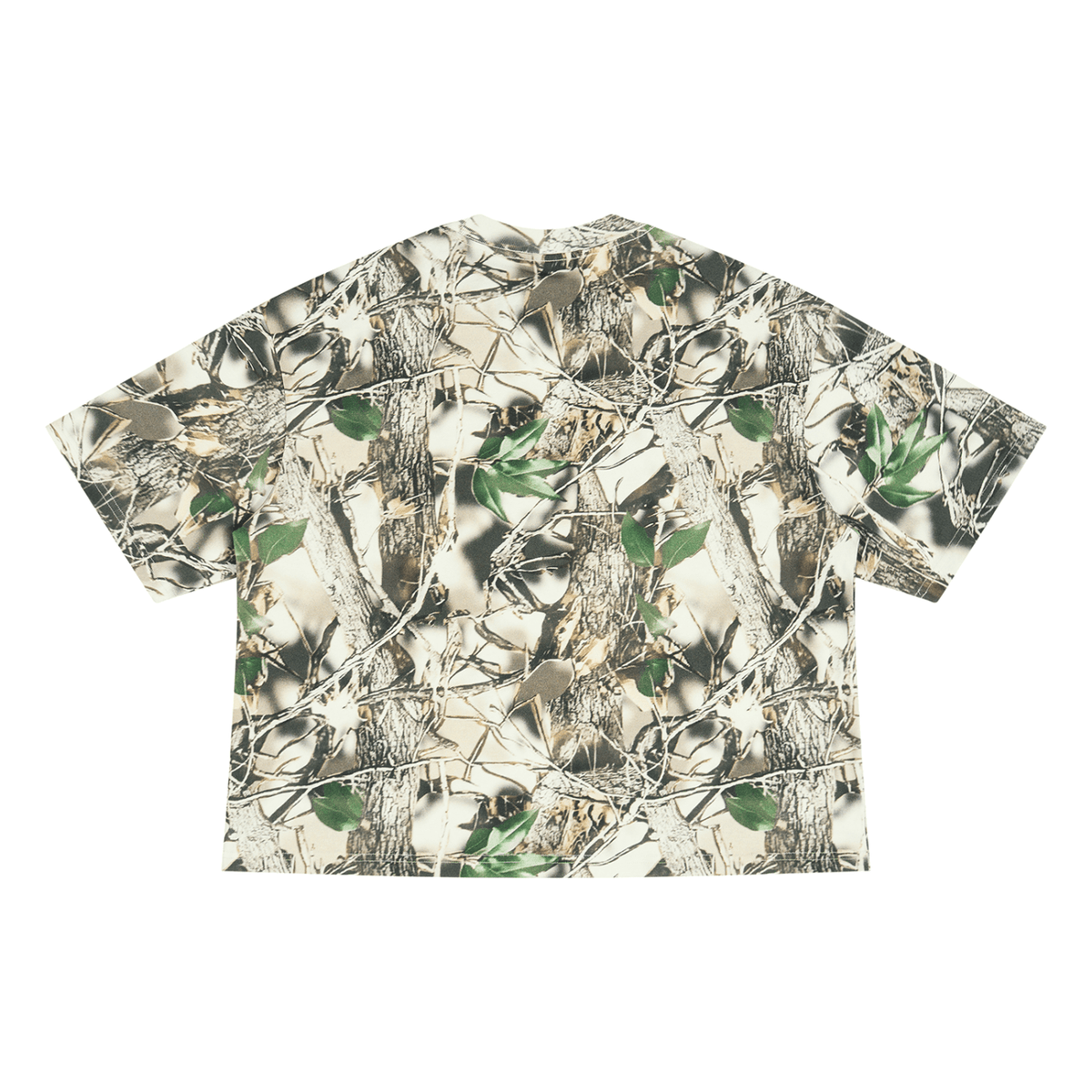 A short-sleeve button-up shirt featuring an all-over woodland camouflage pattern with branches, leaves, and bark in shades of beige, brown, green, and gray, shown flat against a plain white background.