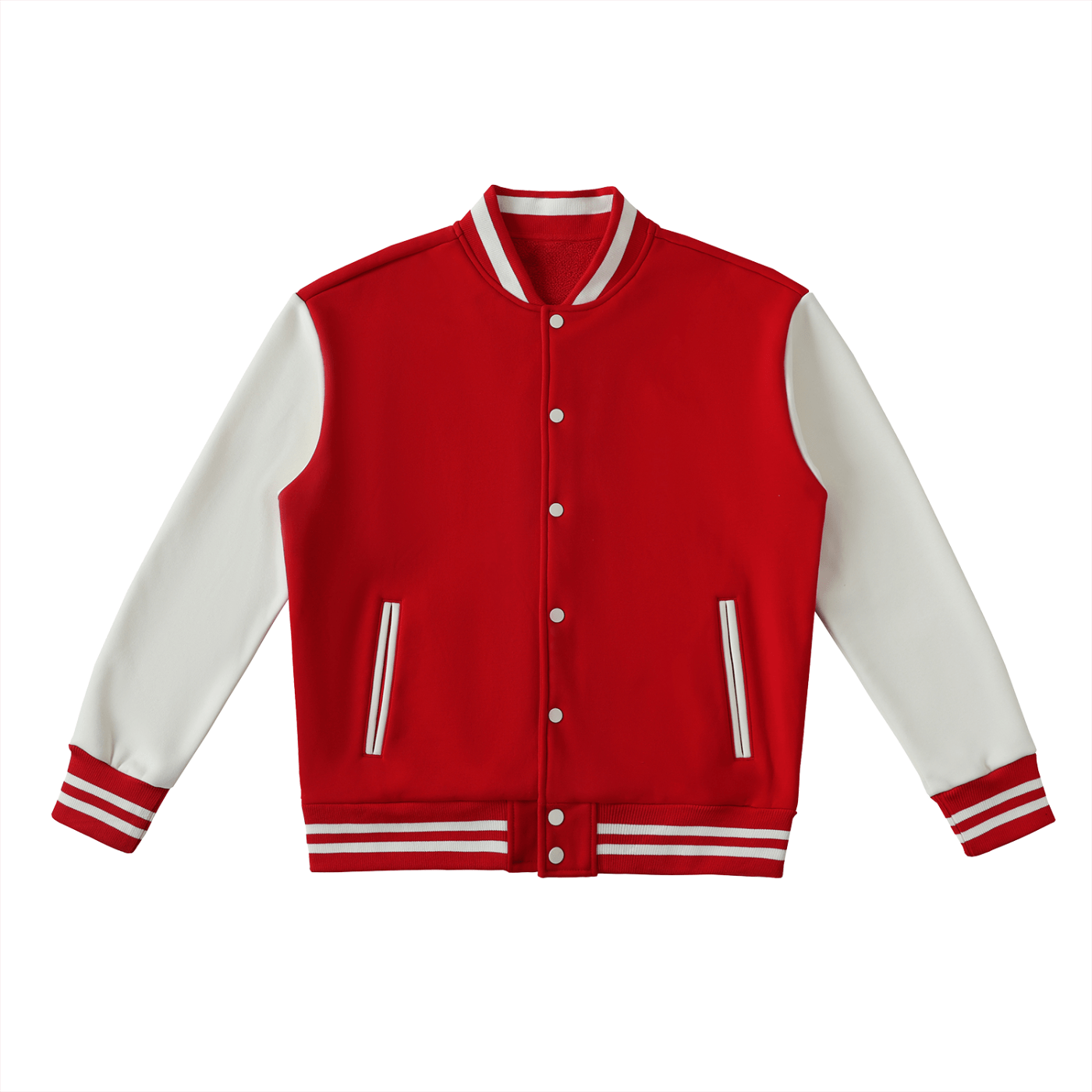 Red and white varsity jacket on a white background
