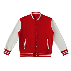 Red and white varsity jacket on a white background