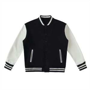Black and white varsity jacket on a white background