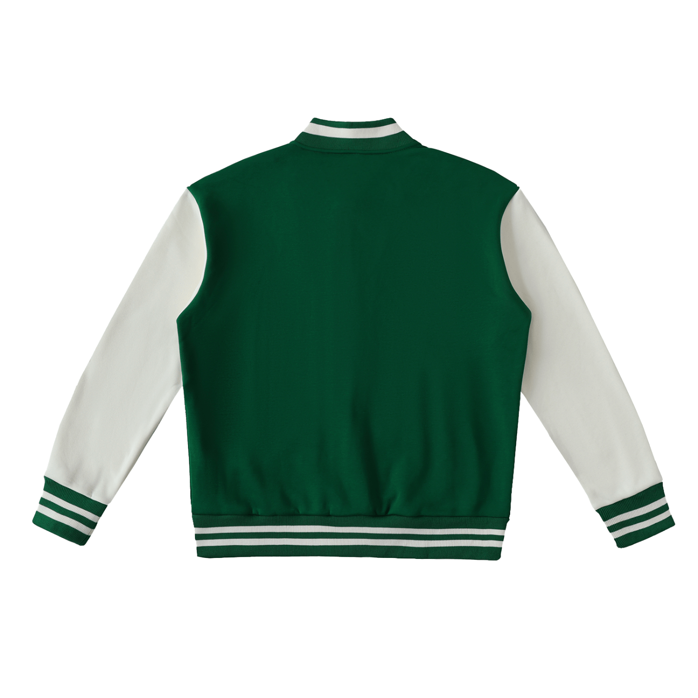 Green and white varsity jacket on a white background