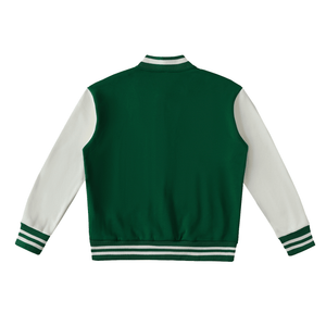 Green and white varsity jacket on a white background