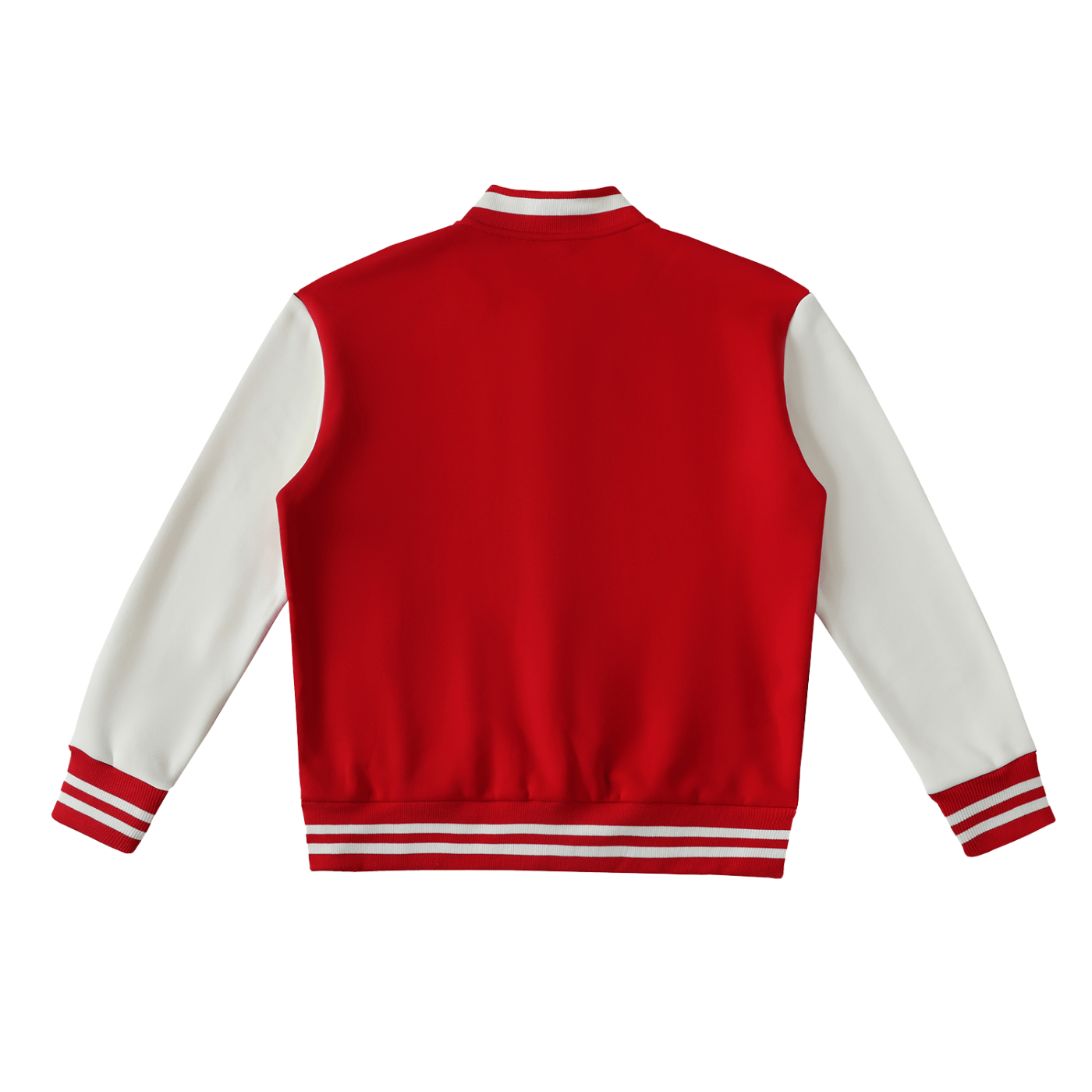 Red and white varsity jacket on a white background