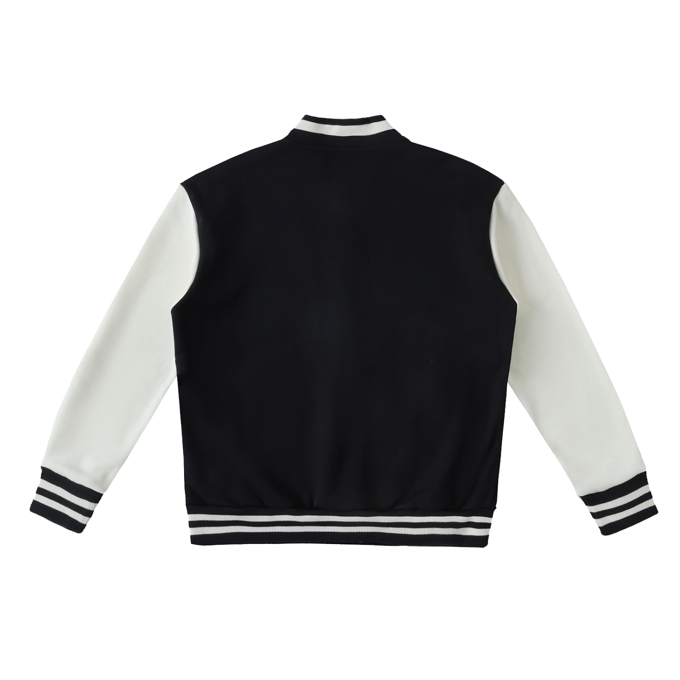 Black varsity jacket with white sleeves on a white background