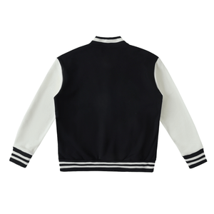 Black varsity jacket with white sleeves on a white background