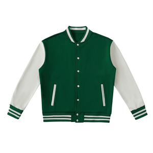 Green and white varsity jacket on a white background