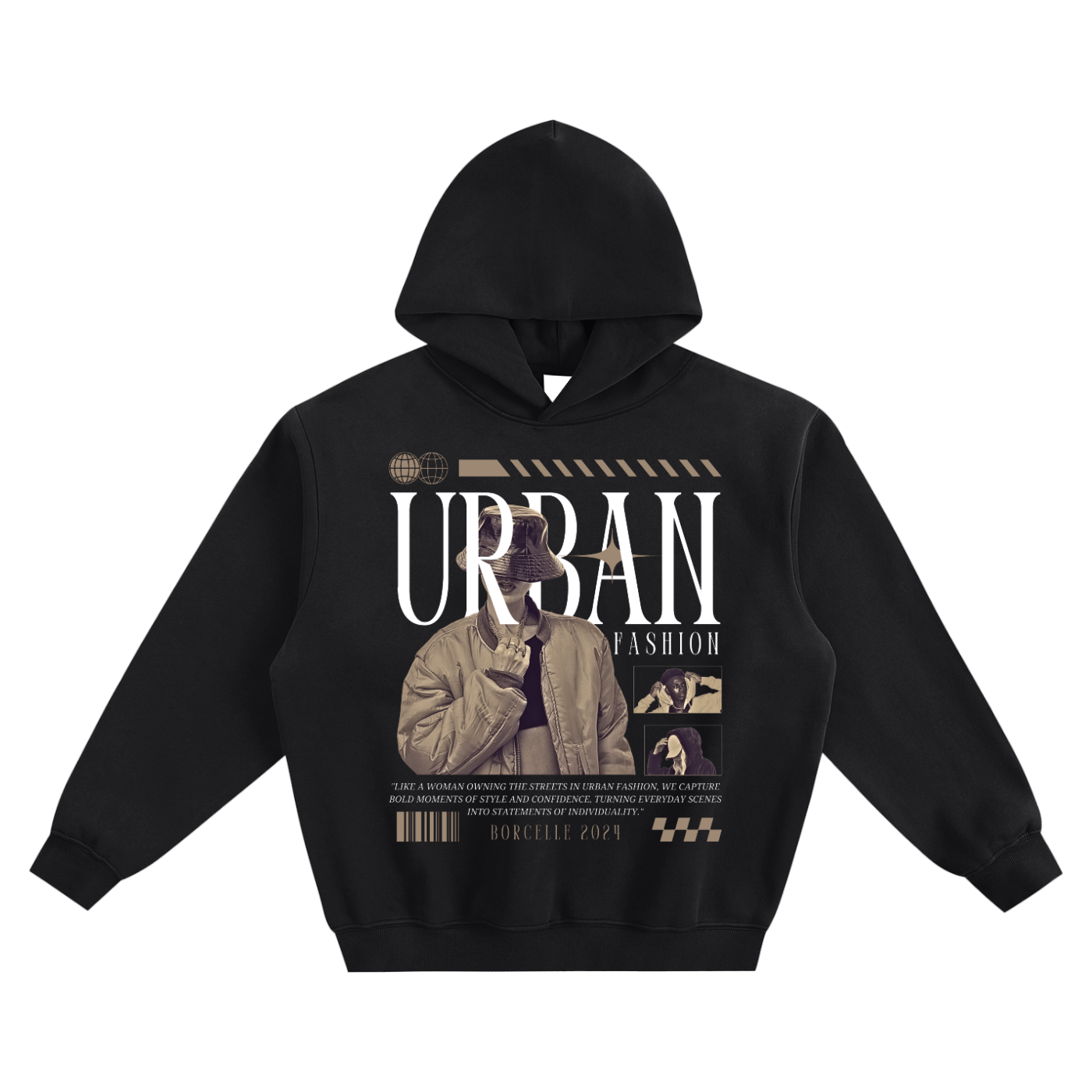 Black hoodie with 'Urban Fashion' graphic on a white background