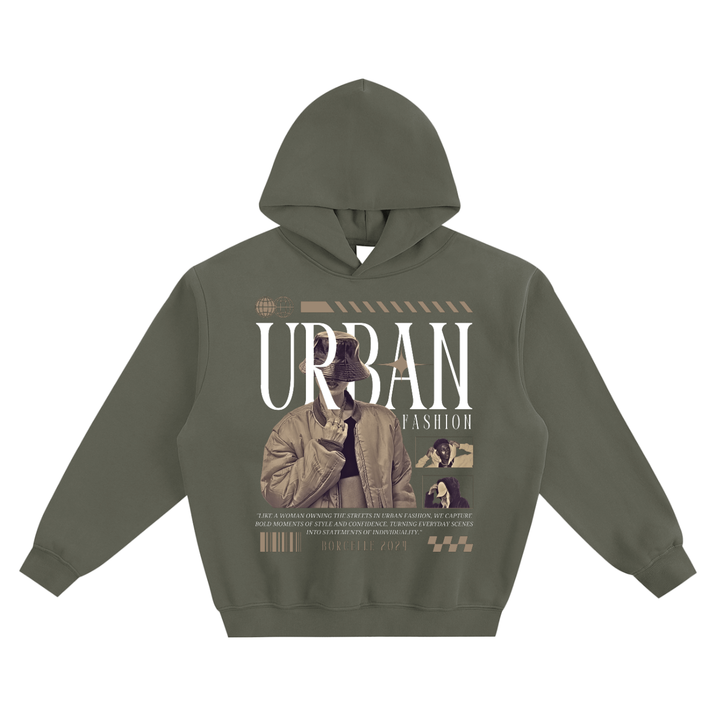 Green hoodie with 'Urban Fashion' graphic on a white background