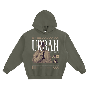 Green hoodie with 'Urban Fashion' graphic on a white background