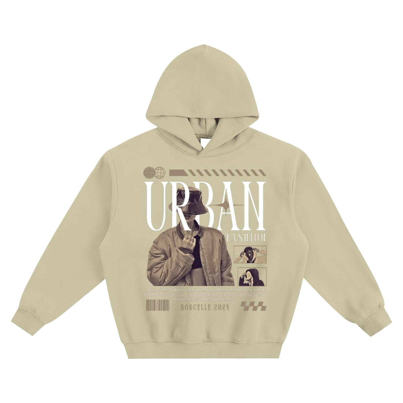 Beige hoodie with graphic design and text on a white background