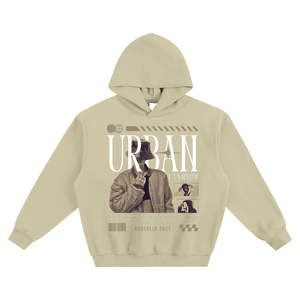 Beige hoodie with graphic design and text on a white background