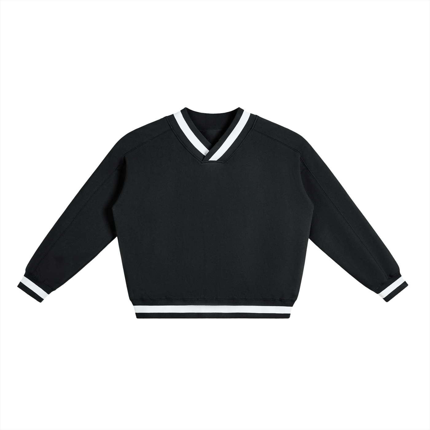 Black sweater with white trim on a white background