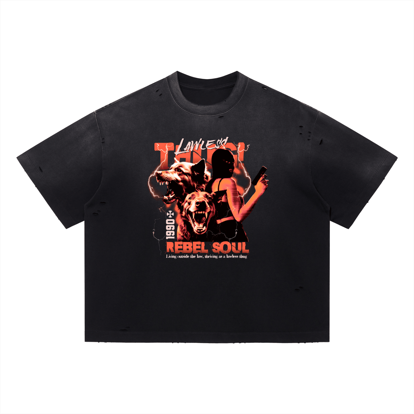 A black short-sleeve t-shirt with a distressed, washed texture and small tear details on the sleeves and hem. The front features a large graphic print with the words 'LOVE IS THUG' and 'REBEL SOUL' in red and orange, accompanied by an illustration of a woman, a dog, and a wolf.