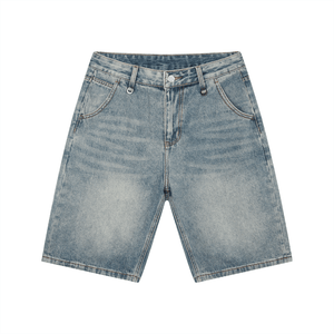 Blue denim shorts on a white background