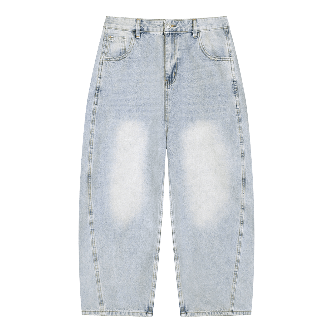 Light blue denim jeans with slight distressing on a white background