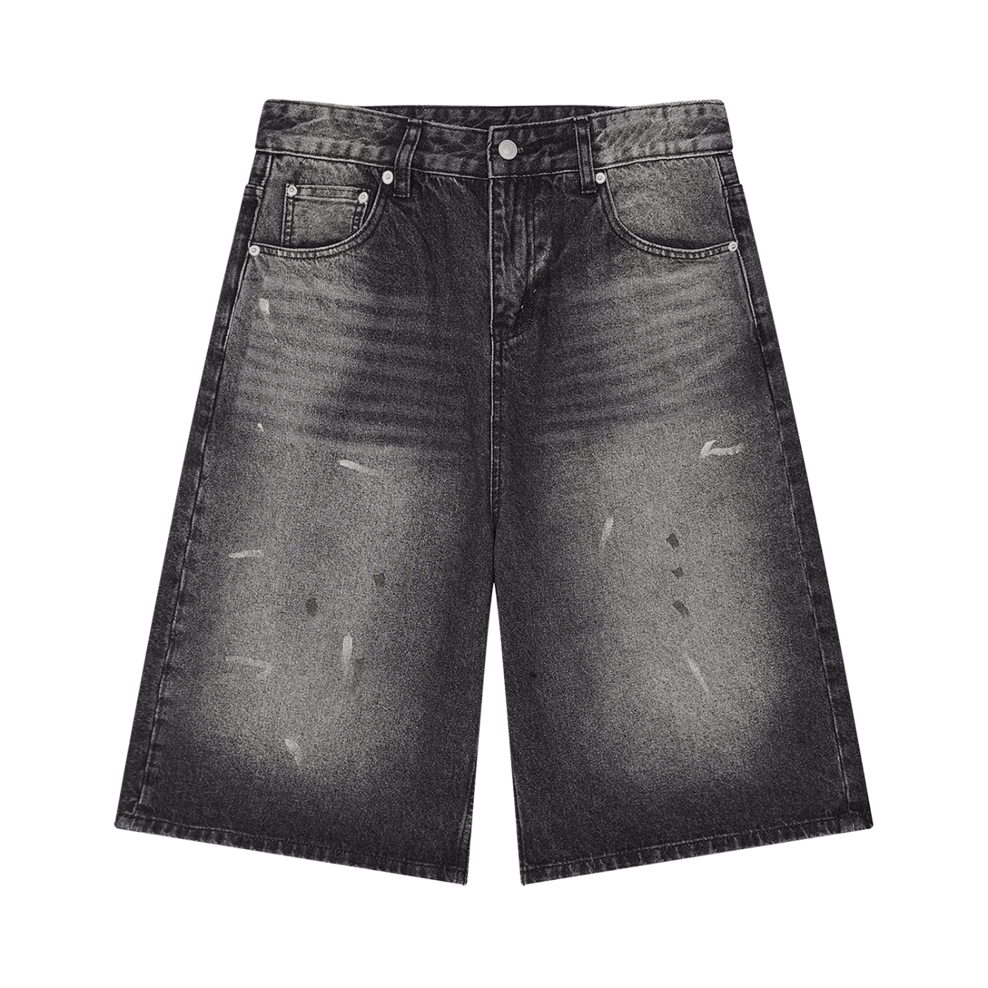 Black distressed denim shorts on a white background